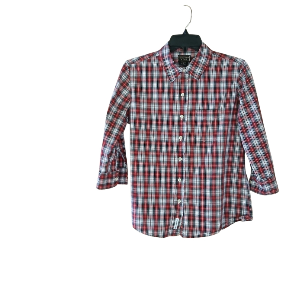Abercrombie & Fitch Red Plaid 3/4 Sleeve Cotton Button Down Shirt Size Medium